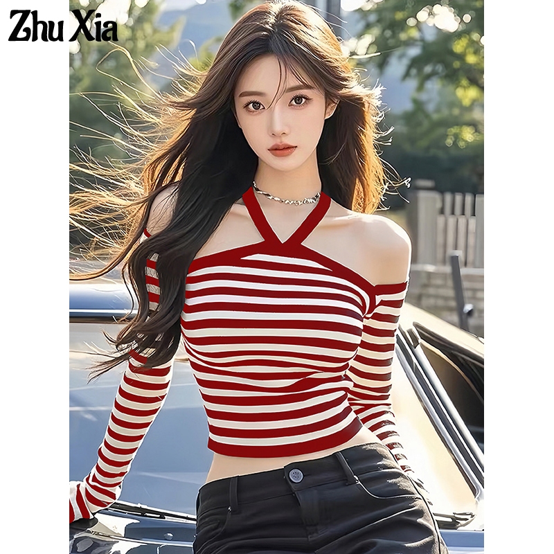 Zhu Xia เสื้อแขนยาวผู้หญิงปิดไหล่ลายแขนยาวถักสาวร้อนปิดไหล่ Halter Top