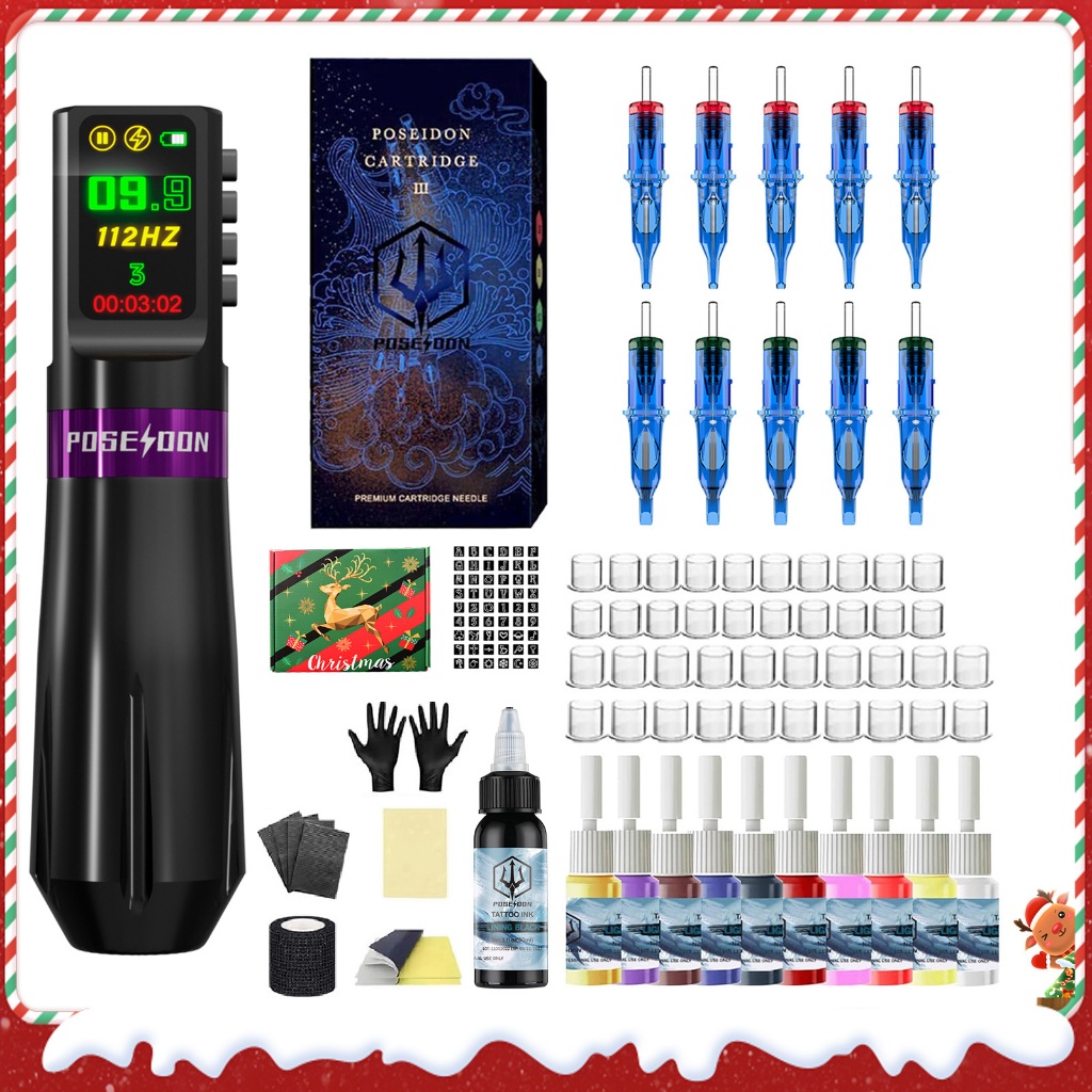 Poseidon Christmas Tattoo Kit-Tattoo Pen พร้อมเข็มสัก 10 ชิ้น, เครื่องสักพร้อมอุปกรณ์สักและแหล่งจ่ายไฟไร้สายสําหรับศิลปิน