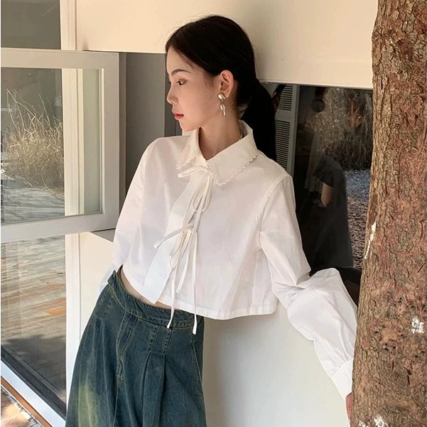 Hermarou เสื้อสตรีแขนยาวสีขาวธรรมดาหลวมสั้นด้านบน