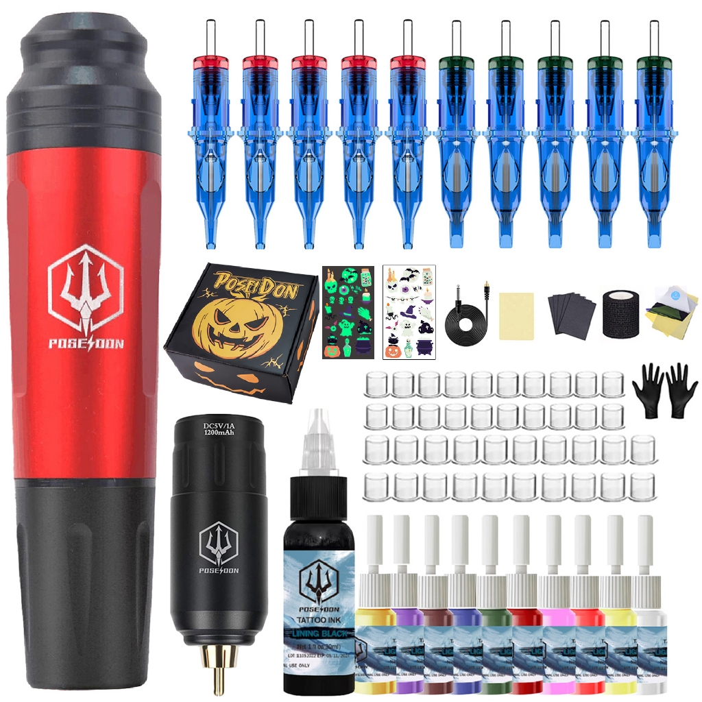 Poseidon Tattoo Pen Kit- เครื่องสักพร้อมตลับสัก 10 ชิ้นและแหล่งจ่ายไฟไร้สาย, ปากกาสักและอุปกรณ์สักสําหรับศิลปิน
