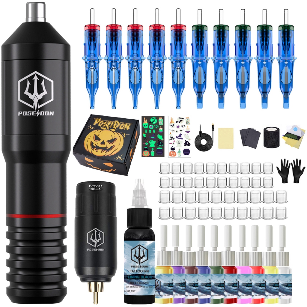 Poseidon Tattoo Kit- Tattoo Pen พร้อมเข็มสัก 10 ชิ้นและแหล่งจ่ายไฟไร้สาย, สติกเกอร์รอยสักส่องสว่างและอุปกรณ์สักสําหรับศิลปิน