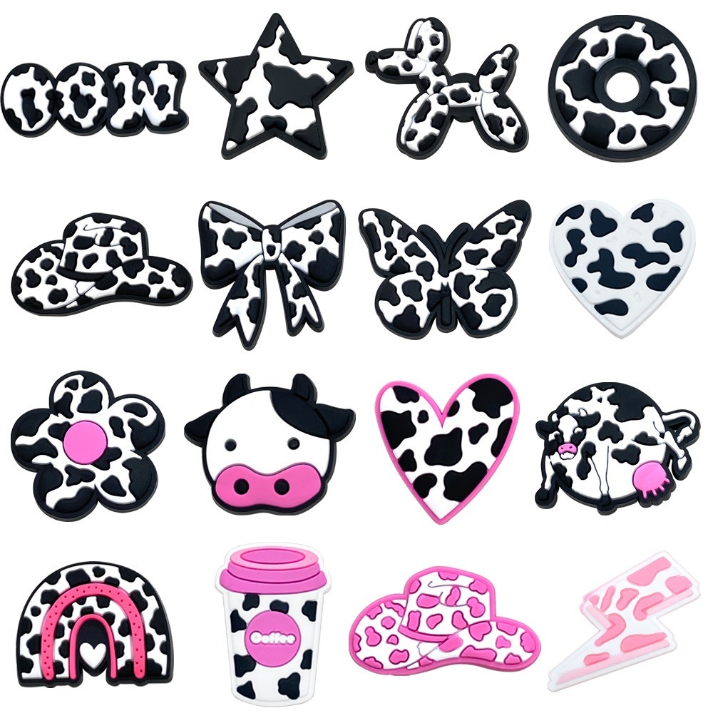 Hot Jibbitz 1 ชิ้นวัวสีดําและสีขาวการ์ตูน Crocs charms การ์ตูน Pin รองเท้าอุปกรณ์เสริมตกแต่งรองเท้าแตะรองเท้าแตะหัวเข็มขัดผู้ใหญ่ของขวัญ