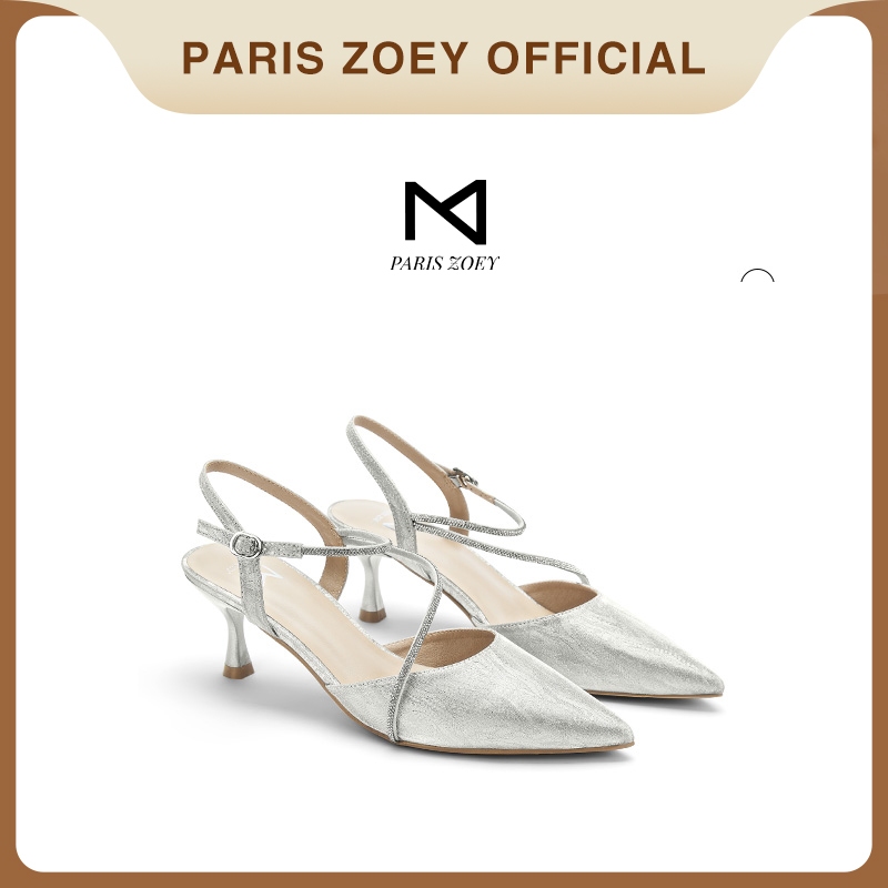 Paris Zoey รองเท้าแตะหัวแหลมส้นสูง 6.5 ซม. เพชรประกายสไตล์ฝรั่งเศส