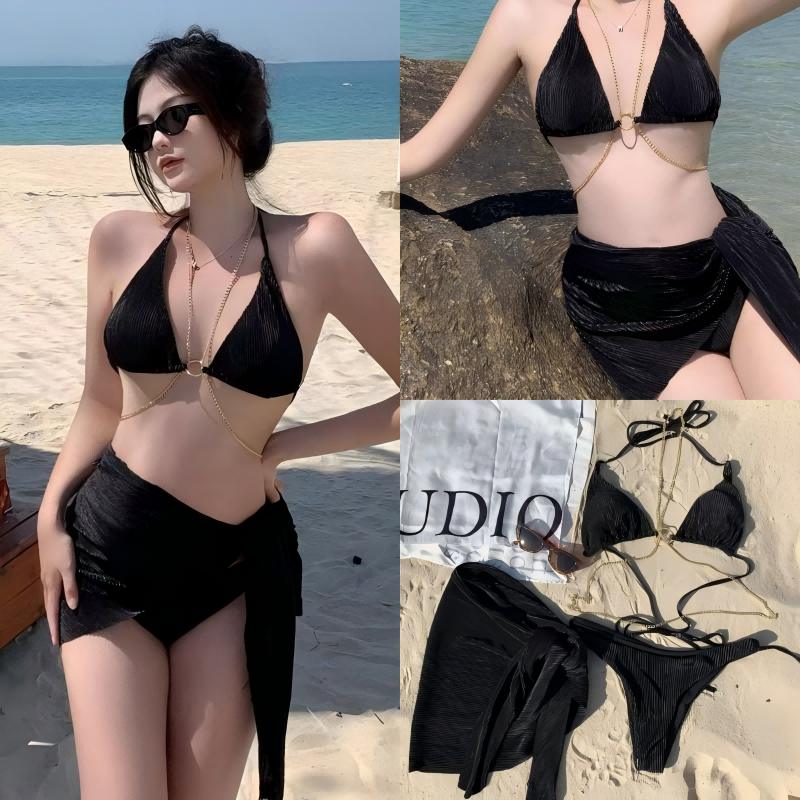 Nico Bra ชุดว่ายน้ําบิกินี่เซ็กซี่ แต่งสายโซ่ เหมาะกับเดินชายหาด ชุดบิกินี่แฟชั่นสามชิ้น