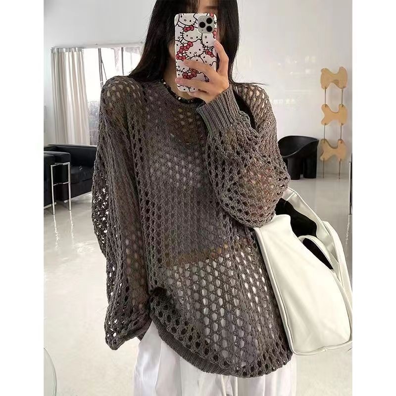 ZHELIHANGFEI เสื้อกันหนาวแขนยาว ผ้าเดรปถัก ทรงหลวม สไตล์เกาหลี สําหรับผู้หญิง
