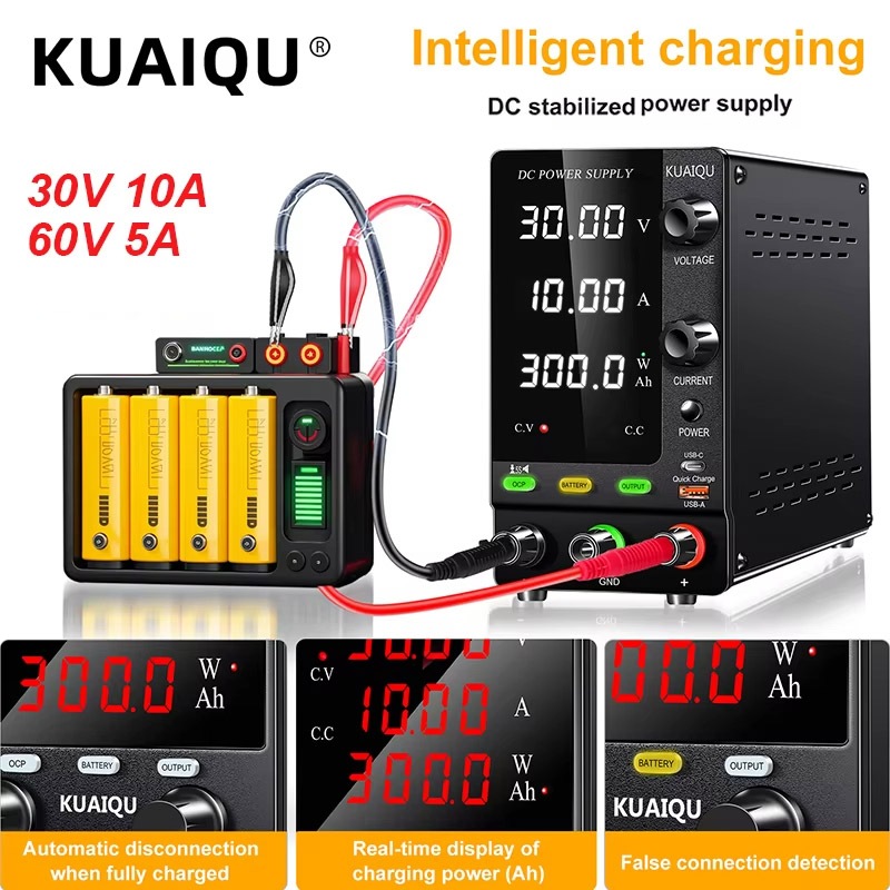 【ค่าขนส่งฟรี+COD】KUAIQU สวิตช์พาวเวอร์ซัพพลาย DC 0-30V 0-10A DC ชาร์จเร็ว ปรับได้ พร้อมพอร์ต USB Type-C 12V 24V 48V 60V 30V 10A แบตเตอรี่ลิเธียม ป้องกัน OCP OVP สําหรับซ่อมแซมโทรศัพท์