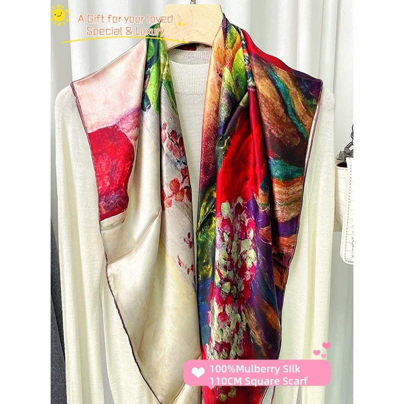 ผ้าพันคอไหมหม่อนบริสุทธิ์ 110*110 ซม.ผ้าไหมบริสุทธิ์สแควร์ผ้าคลุมไหล่สําหรับมัสลินฟลอร่าพิมพ์ผู้หญิง ของขวัญวันไอเดีย
