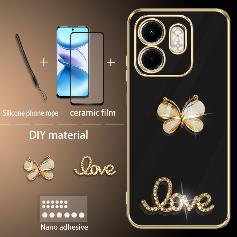 เคส Glitter Butterfly สําหรับ Infinix Smart 9/X6532 พร้อมฟิล์มกันรอยหน้าจอเซรามิกและเชือกเส้นเล็กซิล