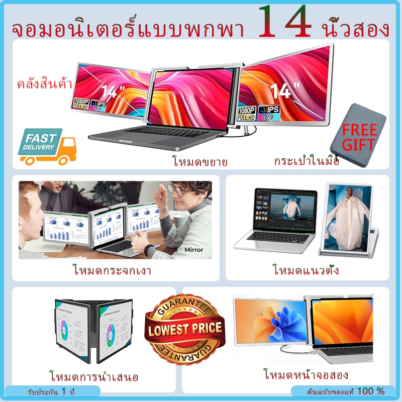 [สต๊อกพร้อม] แล็ปท็อปมอนิเตอร์แบบพกพาคู่ขนาด 14 นิ้ว Stock การออกแบบสํานักงานพีซีสําหรับเล่นเกม xbox/สวิตช์ trifold laptop monitor