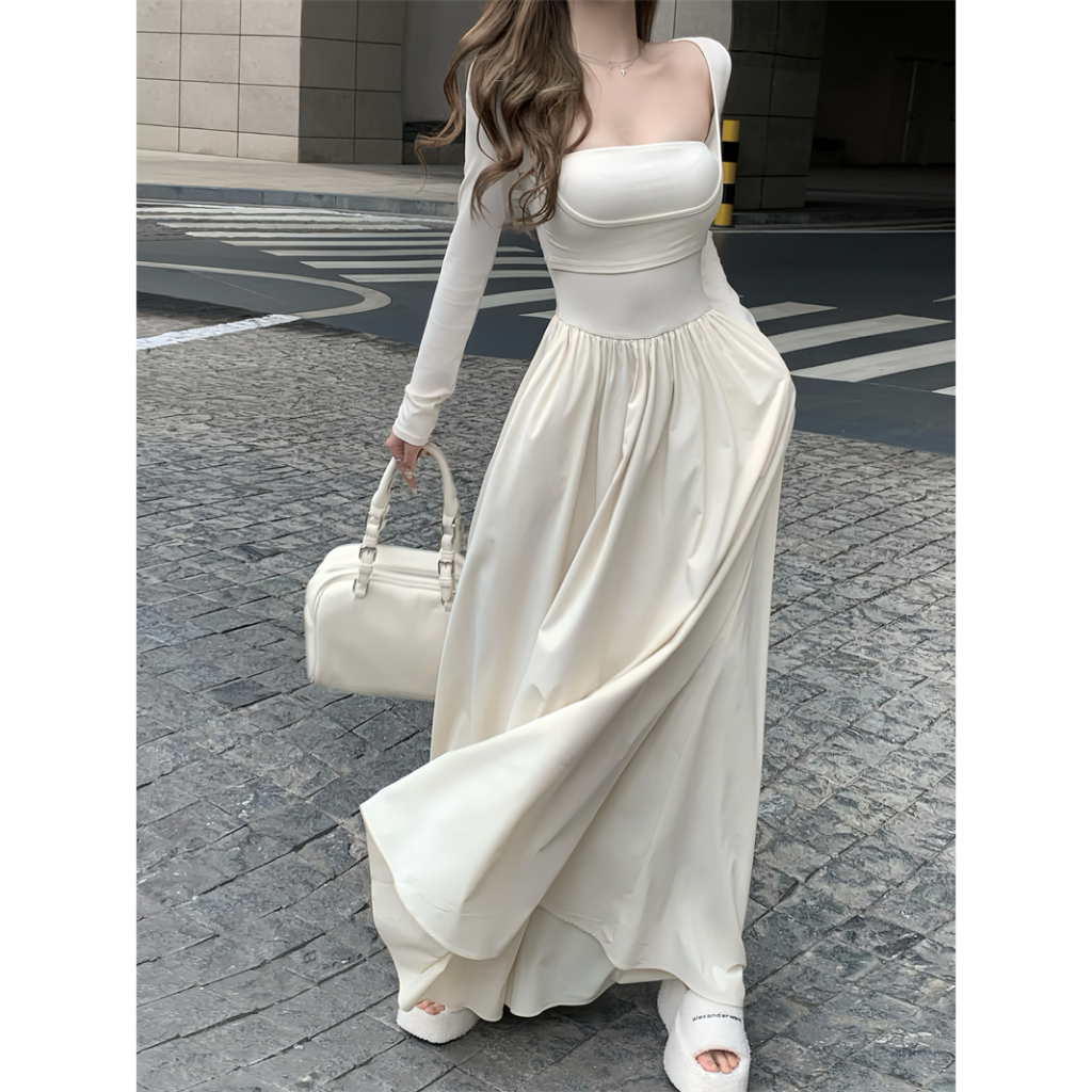 【BANKO】หญิงฤดูใบไม้ร่วงเอวแคบปลอมสองชิ้นสแควร์คอแขนยาวชุด