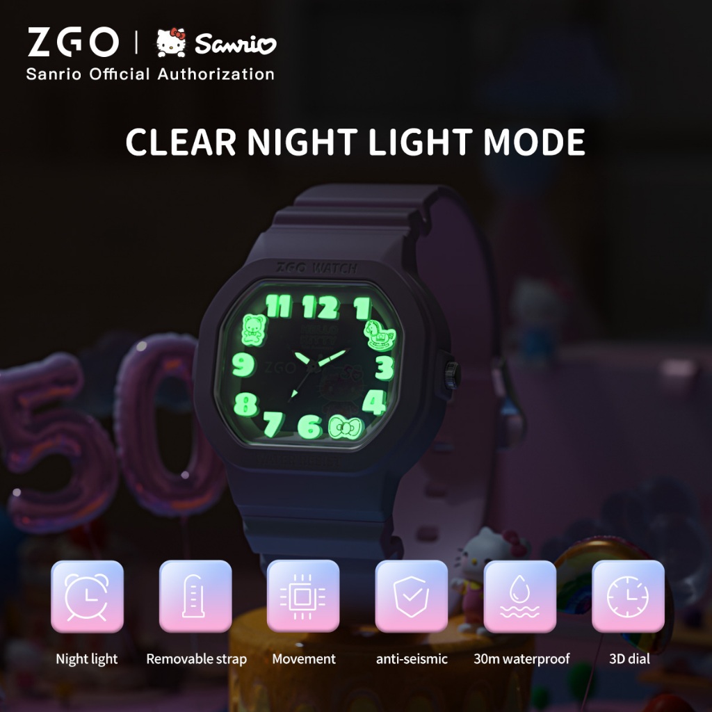 ZGO x Sanrio นาฬิกาเด็กผู้หญิง กันน้ําน100% หน้าปัดเรืองแสง นาฬิกาข้อมือผู้หญิง ของขวัญวันเกิด 357