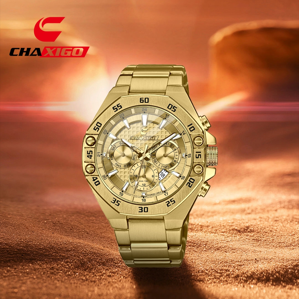 Chaxigo นาฬิกาผู้ชาย กันน้ำ 100% มาแรง หน้าปัดใหญ่ สไตล์สปอร์ต ไฟเรืองแสง จับเวลา ตัวเรือนสแตนเลส สีทอง เครื่องควอตซ์ สไตล์ธุรกิจ พร้อมส่ง 7295-2songkran