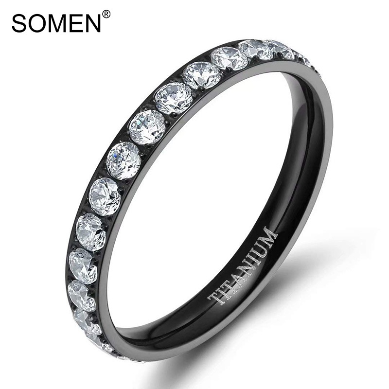 Somen แหวนหมั้นไทเทเนียม 3MM Cubic Zirconia Eternity สีดําแหวนแต่งงานขนาด 3-12