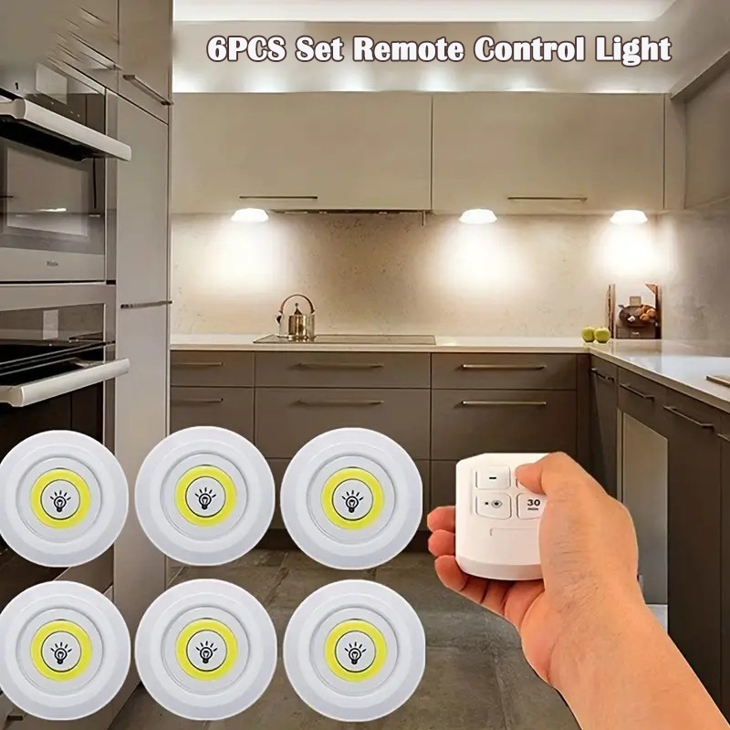 6 ชิ้น/เซ็ต Super Bright Wireless LED Night Light พร้อมรีโมทคอนโทรล Warm White Dimming LED ภายใต้ตู้ไฟสําหรับห้องห้องนอนตู้เสื้อผ้าห้องครัว