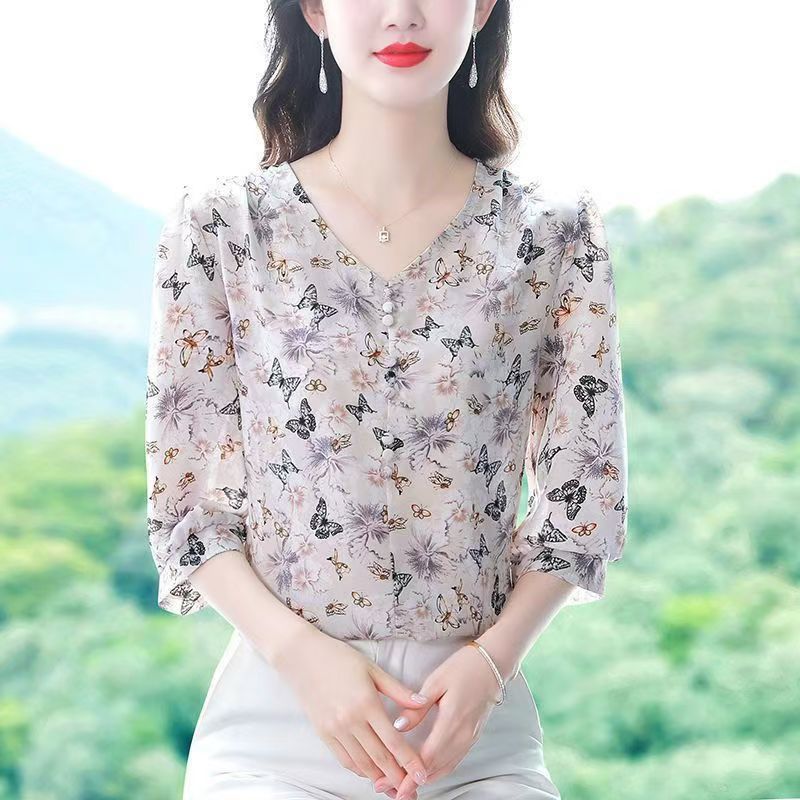 เสื้อเชิ้ตชีฟองลายดอกไม้โจ๊กเกอร์ในฤดูร้อน ใหม่ตัดแขนแฟชั่นด้านบนผู้หญิง
