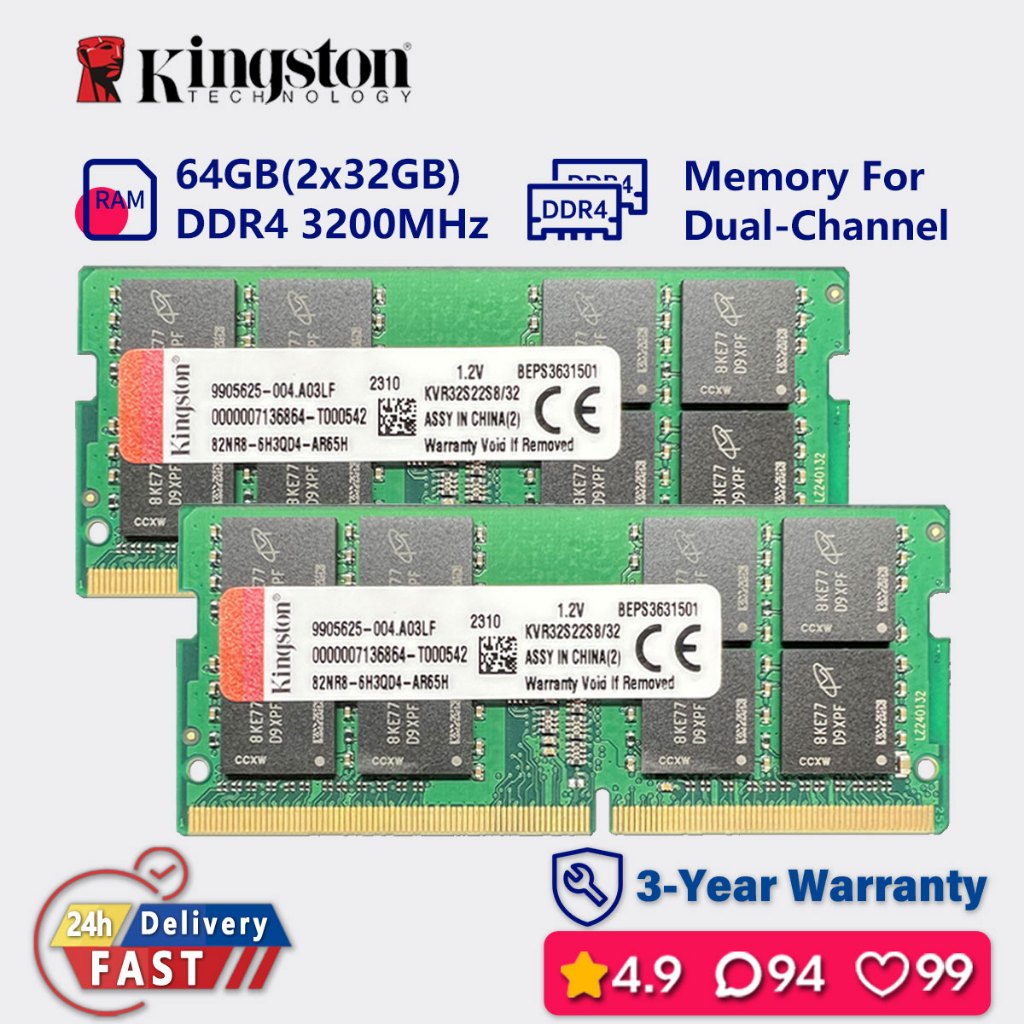 Kingston 16gb 32gb 64gb 3200mhz ddr4 หน่วยความจําสองช่อง ram แล็ปท็อป sodimm pc4 25600s