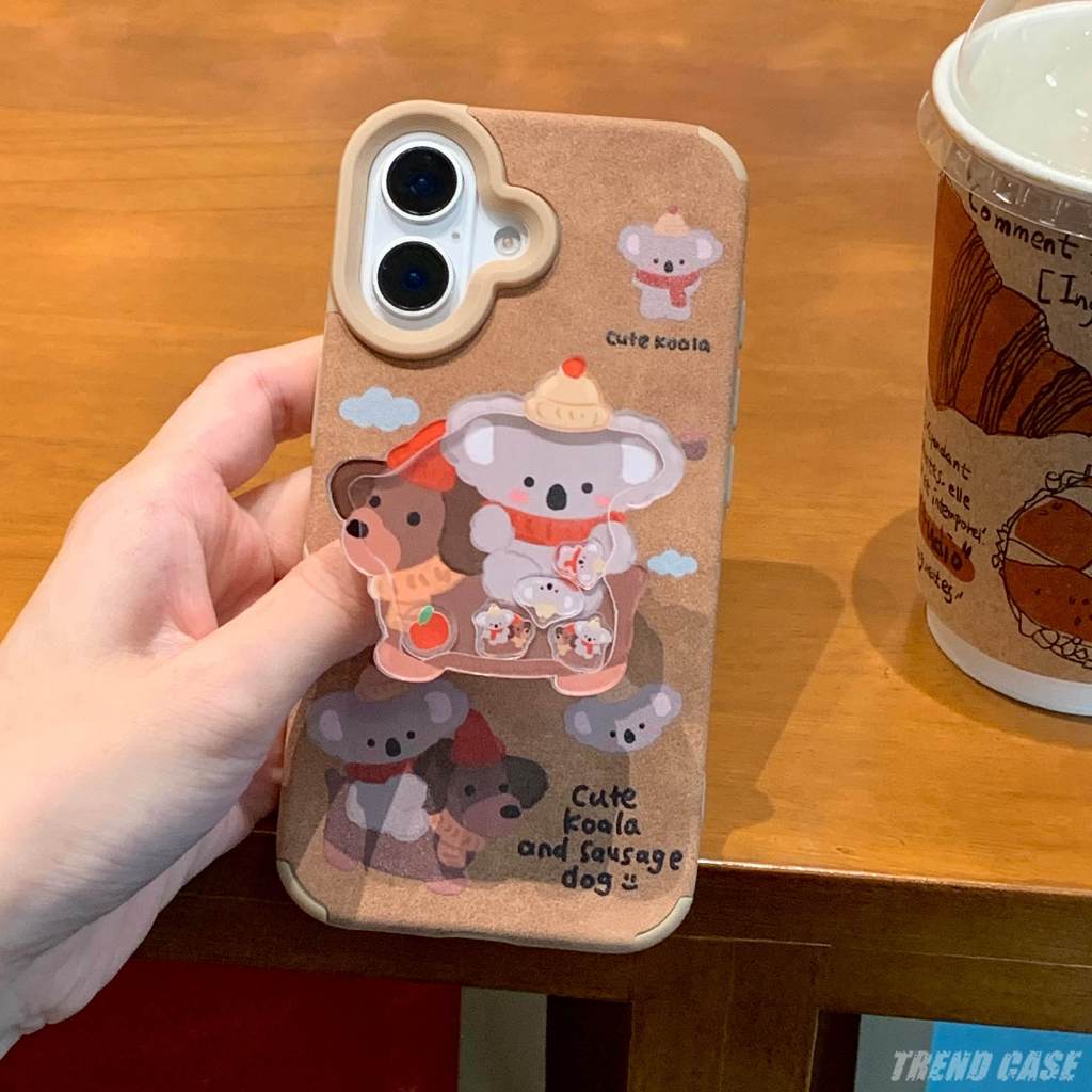 การ์ตูน Koala รูปแบบวงเล็บเคสโทรศัพท์สําหรับ iPhone 16 15 14 13 12 Pro Max เกาหลี Matte Soft ป้องกันปกหลัง