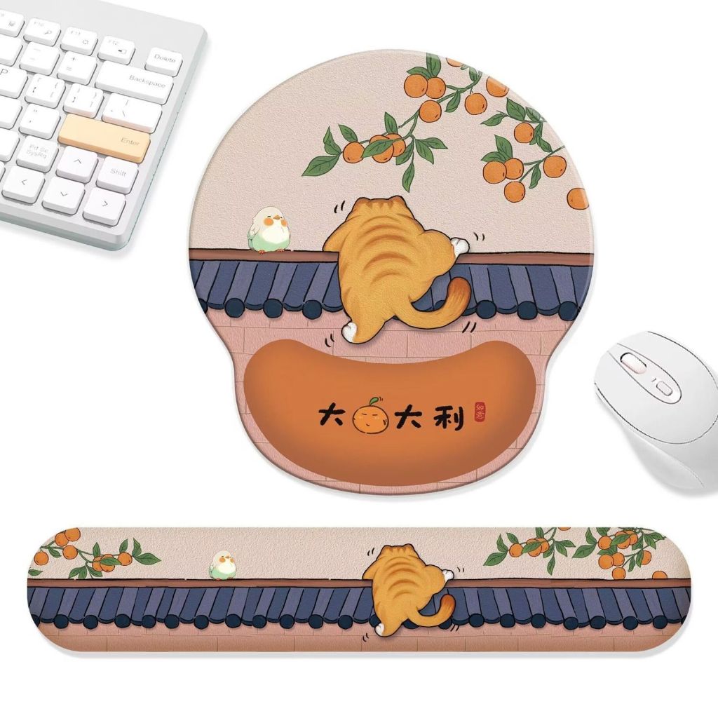 Orange Cat Mouse Pad + ชุดคีย์บอร์ด แผ่นรองเมาส์ข้อมือ + รองรับชุดแผ่นรองคีย์บอร์ด