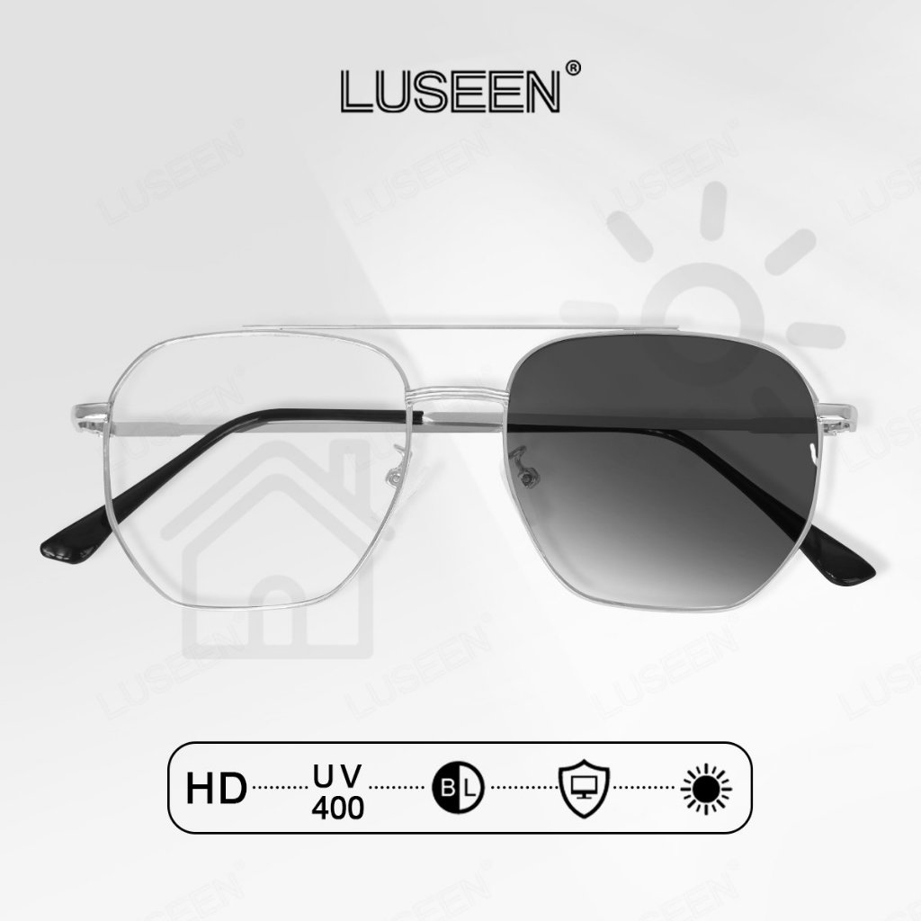 LUSEEN แว่นตา โฟโตโครมิค 2 ใน 1 ป้องกันรังสีแว่นตาสําหรับผู้หญิงเต็มขอบกรอบโลหะแก้ว ยูนิเซ็กส์ AG223