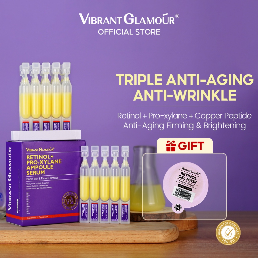 VIBRANT GLAMOUR เรตินอล โปร-ไซเลน เซรั่ม ต่อต้านวัย 3 ชั้น & ลดเลือนริ้วรอย & ซ่อมแซมอย่างมั่นคง & เหมาะสำหรับการเดินทาง 2ml*15