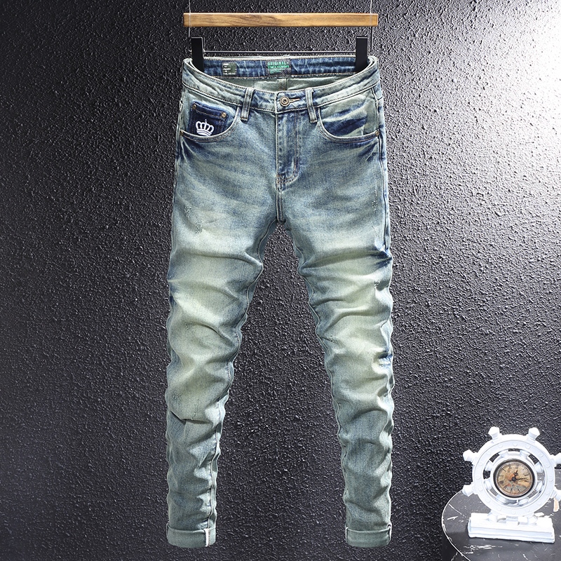 กางเกงยีนส์แฟชั่นคุณภาพสูงสำหรับผู้ชาย Slim Fit Design เทคโนโลยีการพิมพ์กางเกงยีนส์สไตล์วินเทจสำหรับผู้ชาย