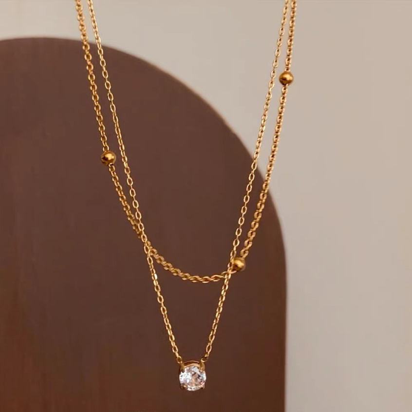 Super กระพริบเพชรเดี่ยวสองชั้นการออกแบบสร้อยคอรู้สึกประณีตแฟชั่น Classy Zircon Clavicle Cha