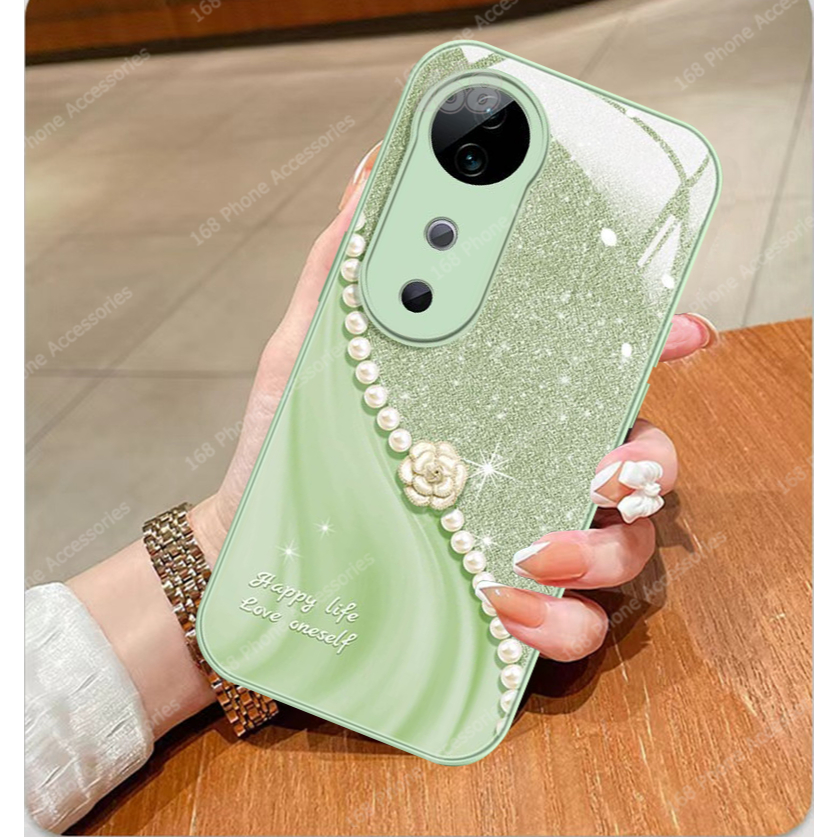 เคส Vivo V40 5G เคส Vivo V40 Pro ไข่มุกดอกไม้กันกระแทกพร้อมตัวป้องกันกล้องหรูหราของเหลวแก้วเคสโทรศัพท์สําหรับเด็กผู้หญิงนักเรียนผู้หญิง