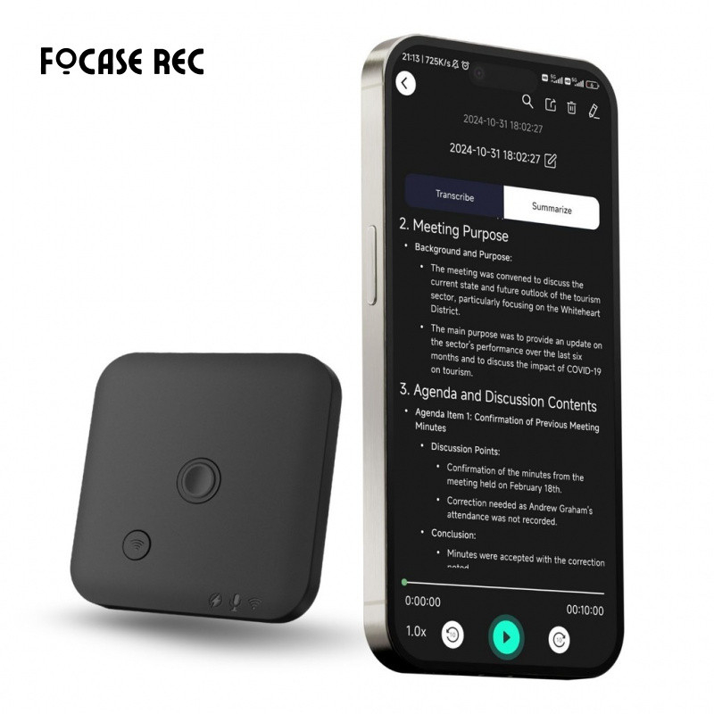 FoCase เครื่องบันทึกเสียง AI พร้อมการแปลงคําพูดเป็นข้อความและบทสรุป, เครื่องบันทึกเสียงสําหรับการโทร, การบรรยาย, การตอบสนอง, รองรับ 102 ภาษา(รวมถึงภาษาไทย), บันทึก 64GB, การควบคุมแอป