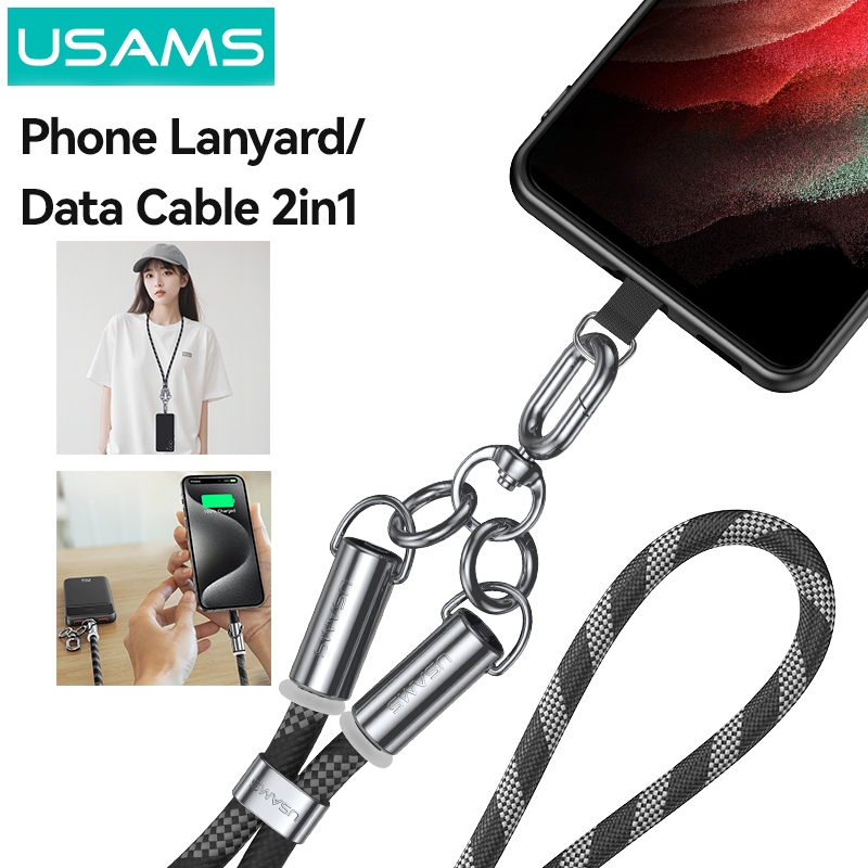 Usams 2 in 1 Phone Lanyard Type-c สาย PD60/30W ไนลอนปรับสายเคเบิลข้อมูลโทรศัพท์ Lanyard Fast Charging Data Cable