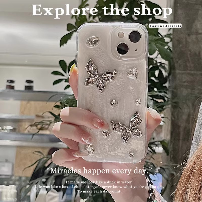 หรูหรา 3D Hear & Bowknot & ผีเสื้อคริสตัล Bling เพชร Glitter เคสโทรศัพท์สําหรับ IPhone 16 Pro Max 15 14 Plus 13 12 11 Pro Max X XR XS Max 7 8 Shining Pearl Soft TPU Cover