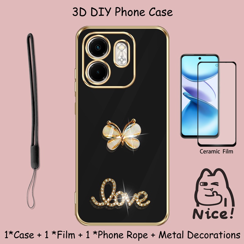 เคส Glitter Butterfly สําหรับ Infinix Smart 9/X6532 พร้อมฟิล์มเซรามิกและเชือกซิลิโคน