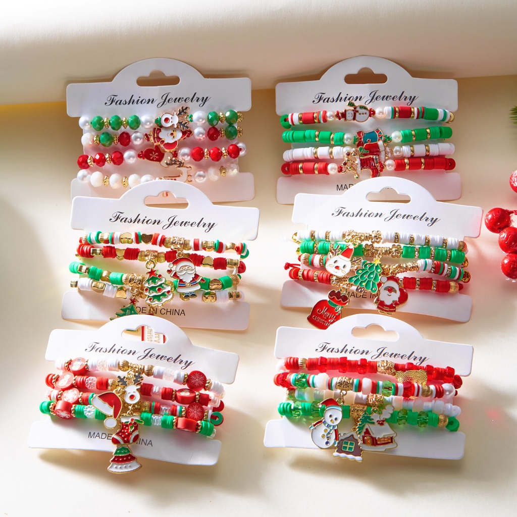 4 ชิ้น/เซ็ตการ์ตูน Merry Christmas สร้อยข้อมือสีสัน Santa Claus Elk Xmas Tree Polymer Clay สร้อยข้อมือผู้หญิงแฟชั่นเครื่องประดับของขวัญถุงมือ Snowman