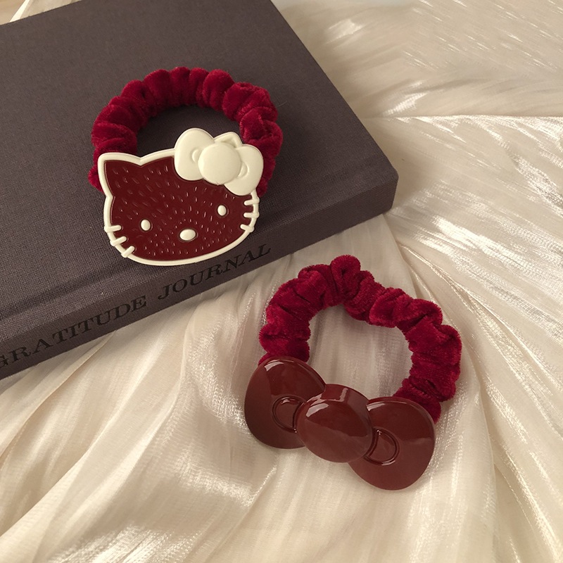เกาหลีกํามะหยี่สีแดง Hello Kitty โบว์เชือกผมหญิง อิน นักเรียนน่ารักของขวัญปีใหม่