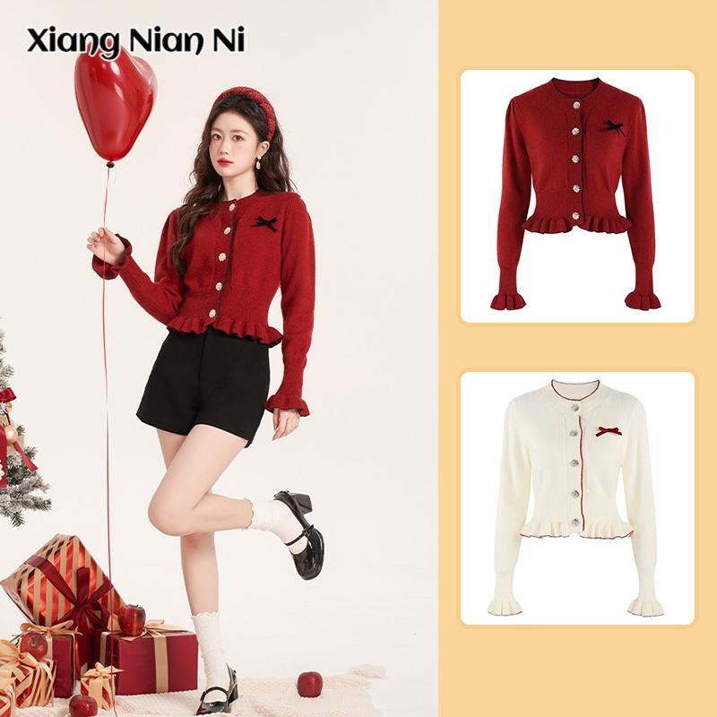 เสื้อสเวตเตอร์ผู้หญิง Xiang Nian Ni เสื้อสเวตเตอร์ถักสีแดงน่าระทึกใจสั้นเสื้อถักฝรั่งเศสหวาน