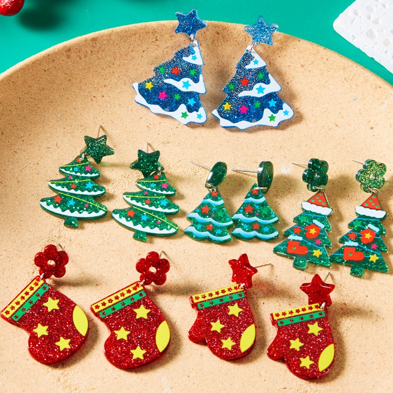 สีสัน Merry Christmas ต่างหูดอกไม้ถุงมือรองเท้า Xmas Tree ต่างหูสําหรับผู้หญิงแฟชั่นเครื่องประดับของขวัญ