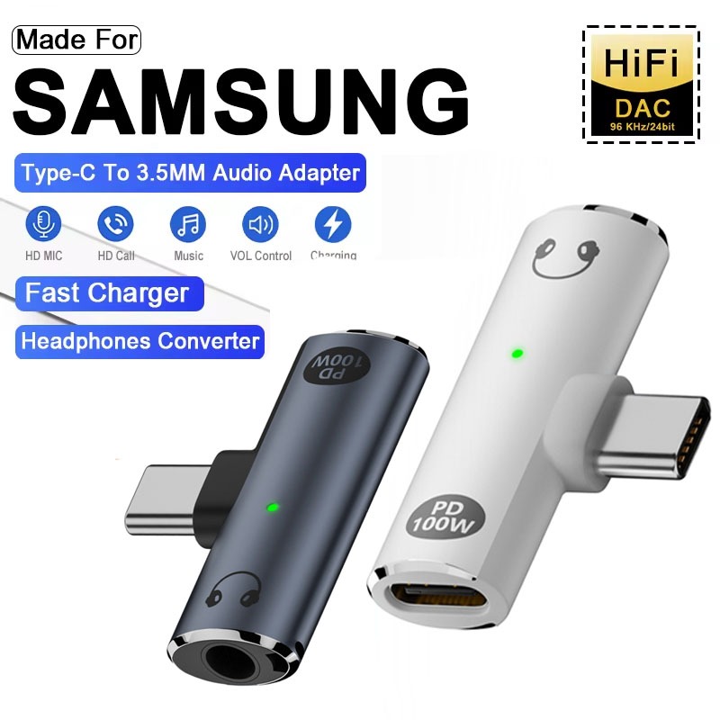 PD 100W ชาร์จ 2 in 1 Usb Type C ถึง 3.5 มม.แจ็คหูฟังชาร์จเสียง Aux Adaptor สําหรับ iPho 16/ 15 Samsung S24