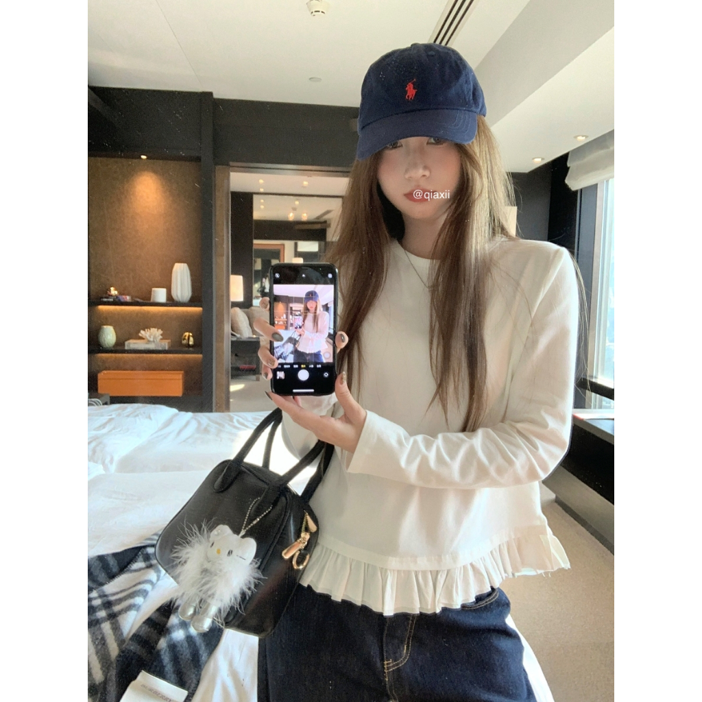 【สินค้าจัดส่งทันที】เวอร์ชั่นเกาหลีฤดูใบไม้ร่วงผู้หญิงหลวมรอบคอสีขาวแขนยาวเสื้อยืด