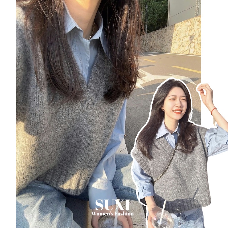 Suxi เสื้อไหมพรมคอวีแขนกุด สไตล์วินเทจ ใส่ฤดูใบไม้ร่วง ผ้าล้วน รุ่น 240811