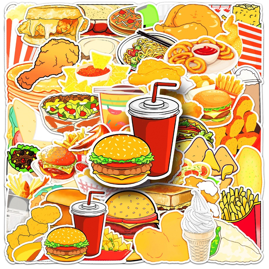 50 ชิ้นอาหารจานด่วนไก่ทอดเบอร์เกอร์เฟรนช์ฟรายสติกเกอร์กันน้ํา DIY สําหรับเคสโทรศัพท์แล็ปท็อปสติกเกอร์รถ Creative Home Decal