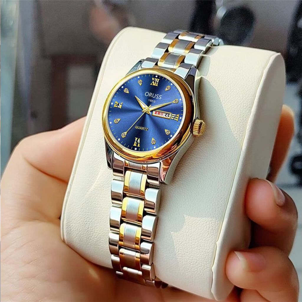ORUSS Original หญิงสแตนเลส Dual ปฏิทินกันน้ํา Luminous Luxury Gold/Silver นาฬิกาเกาหลีรุ่นแฟชั่นนาฬิกาควอตซ์