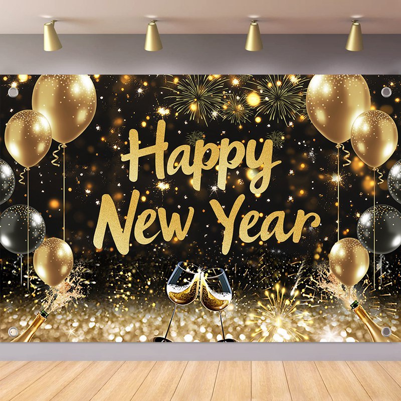 150*100เซนติเมตรโพลีเอสเตอร์สวัสดีปีใหม่ฉากหลังแบนเนอร์สวัสดีปีใหม่2025ตกแต่งบอลลูนกันน้ํารูปแบบฉากหลังม่านตกแต่งผนังปีใหม่2025ตกแต่งพรรคอุป
