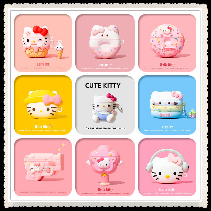 (AIRPODS 4 Case)เคส Hello Kitty สําหรับ AirPods4(2024)1/2/3/Pro/Pro2 เคสซิลิโคนอ่อนนุ่มพร้อมคาราบิเนอร์