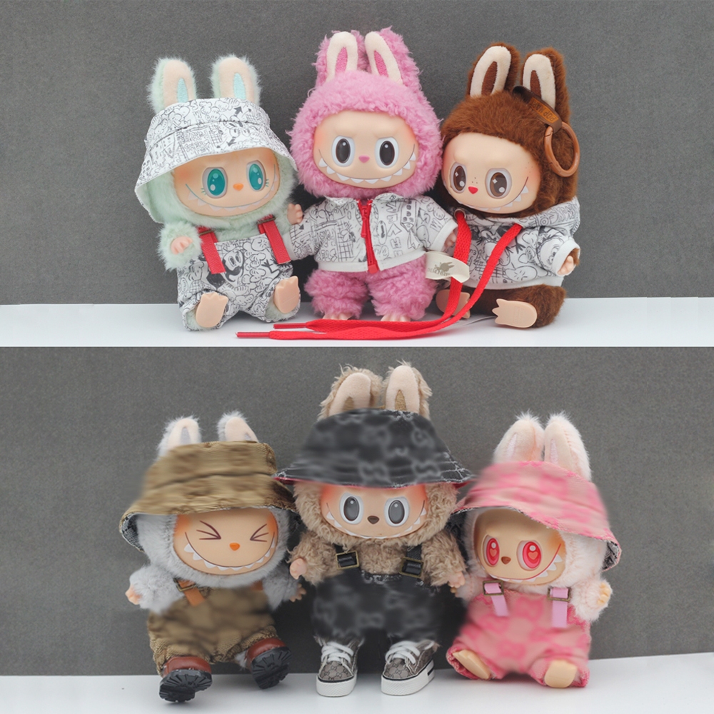Labubu ตุ๊กตาจี้เสื้อผ้าเด็ก V1 V2 ตุ๊กตาถังหมวก + Overalls Hooded Sweatshirt Jacket