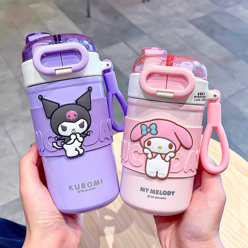 Sanrio Kuromi My Melody Cinnamoroll ถ้วยเก็บความร้อน ถ้วยกาแฟ 430ml ทั้งยกดื่ม และหลอดดูด 2 in 1 มีสายคล้องมือ ผลิตจากวัสดุ Food Grade sus316