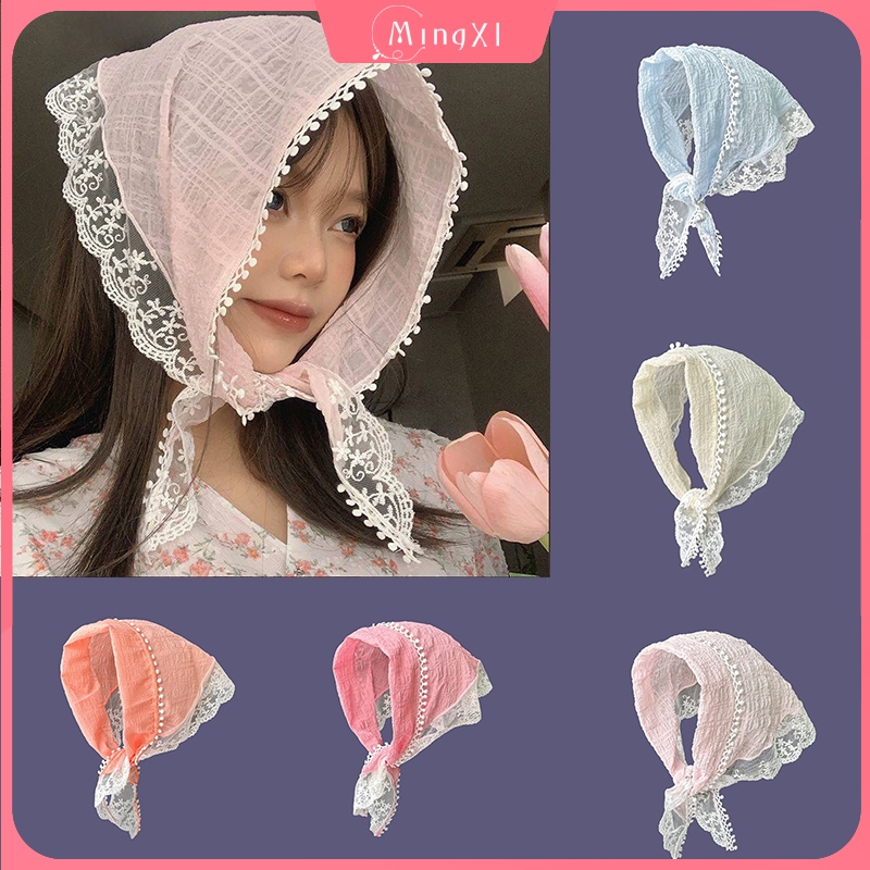 2024 ลูกไม้สามเหลี่ยมผ้าพันคอผ้าพันคอผู้หญิงเกาหลีอภิบาลฤดูร้อนผูกผมบางย้อนยุคแถบคาดศีรษะอุปกรณ์ผม