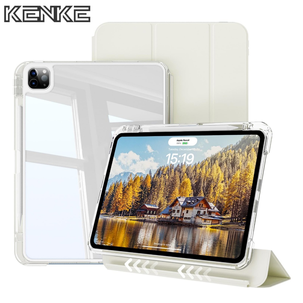 เคส ipad KENKE สามารถถอดออกได้ เคสแข็ง transparrent พร้อมช่องรับปากกา สำหรับ ipad 2024 pro 13 นิ้ว (M4) pro 11 Air 6th pro 12.9 mini 6/7 Air 4 Air 5 ipad 10th gen 7/8/9 ipad Air 11 case - สีขาว