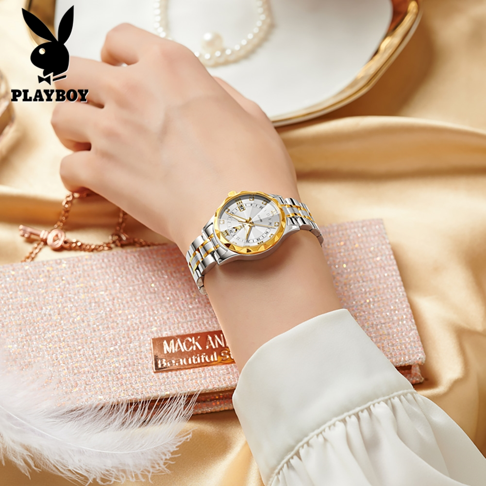 PLAYBOY นาฬิกาข้อมือผู้หญิง กันน้ํา 100% แท้ แฟชั่น แบรนด์เนม เล็ก สแตนเลส ส่องสว่าง รับประกัน 3501