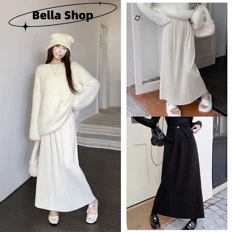 Bella Shop สีดํากลางความยาวจีบกระโปรงผู้หญิงเอวสูงผ้าม่านลําลองตรงกระโปรง