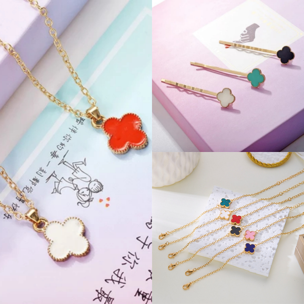 เครื่องประดับซีรีส์โคลเวอร์สี่ใบเหล็กไทเทเนียมไม่ซีดจางสร้อยคอสร้อยข้อมือกิ๊บสําหรับของขวัญหญิง