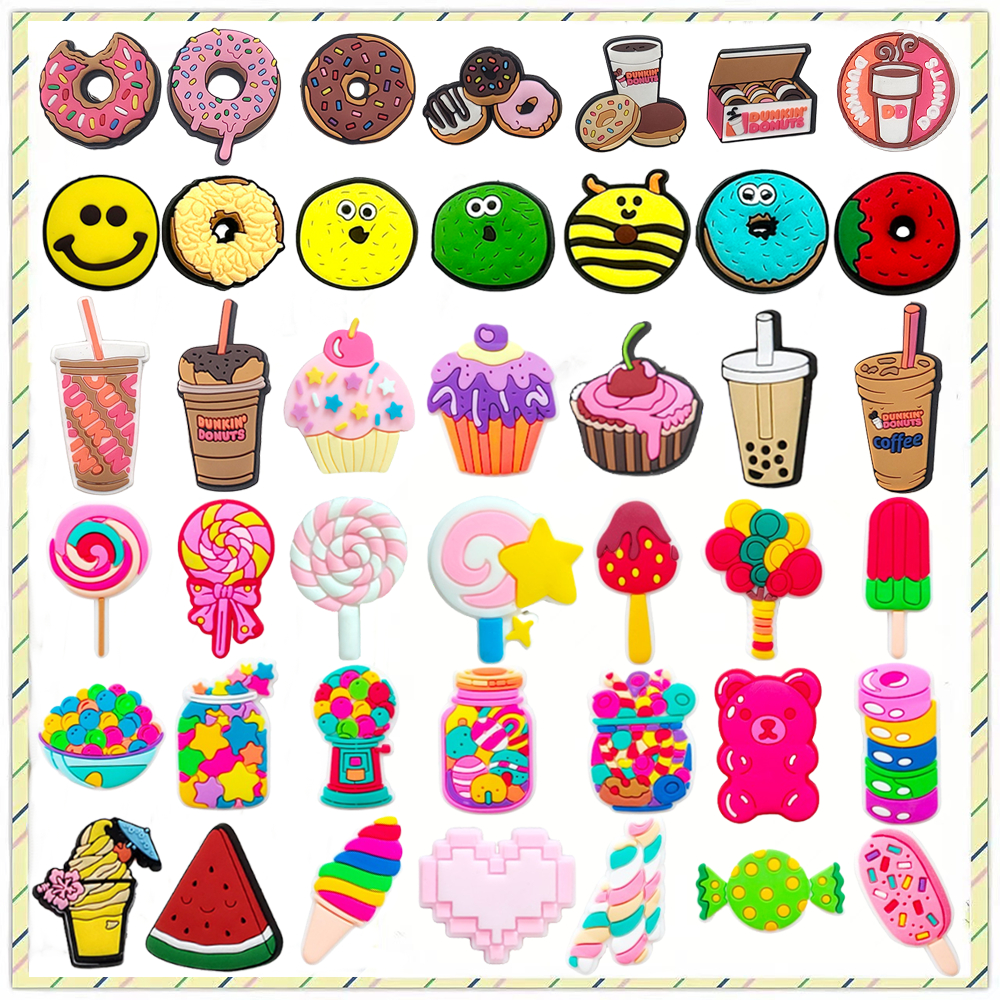 การ์ตูน Jibbitz 1pcs Candy Donut Crocs รองเท้า charms PVC อุปกรณ์เสริมสวนรองเท้าตกแต่ง DIY ที่ถอดออกได้รองเท้าหัวเข็มขัดเด็ก X-mas ของขวัญ